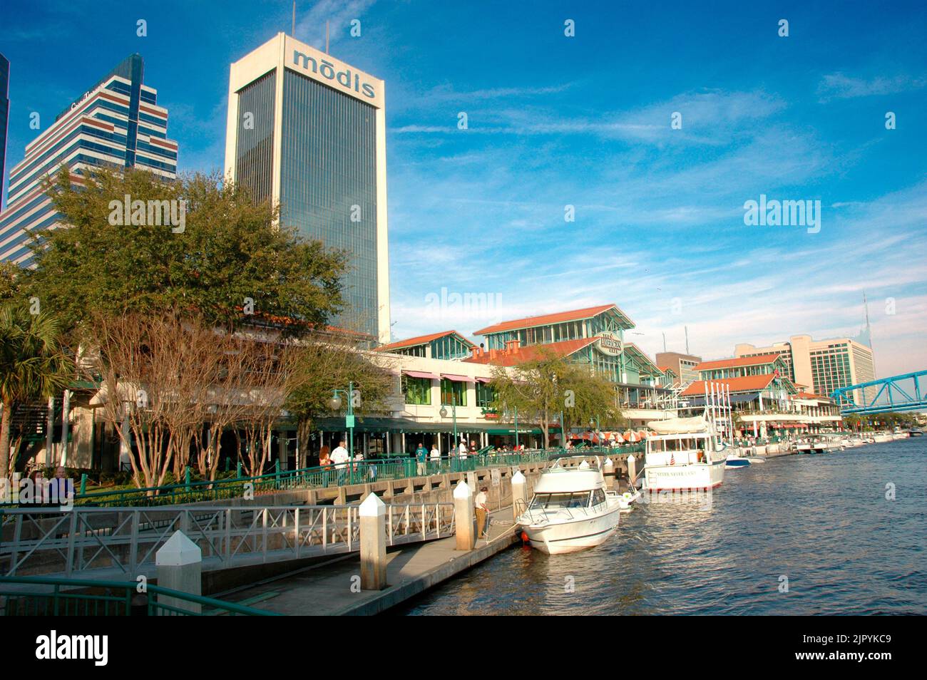 Downtown Jacksonville Florida FL Modis Bayfront shopping at jacksonville Landing on bay Stock Photo