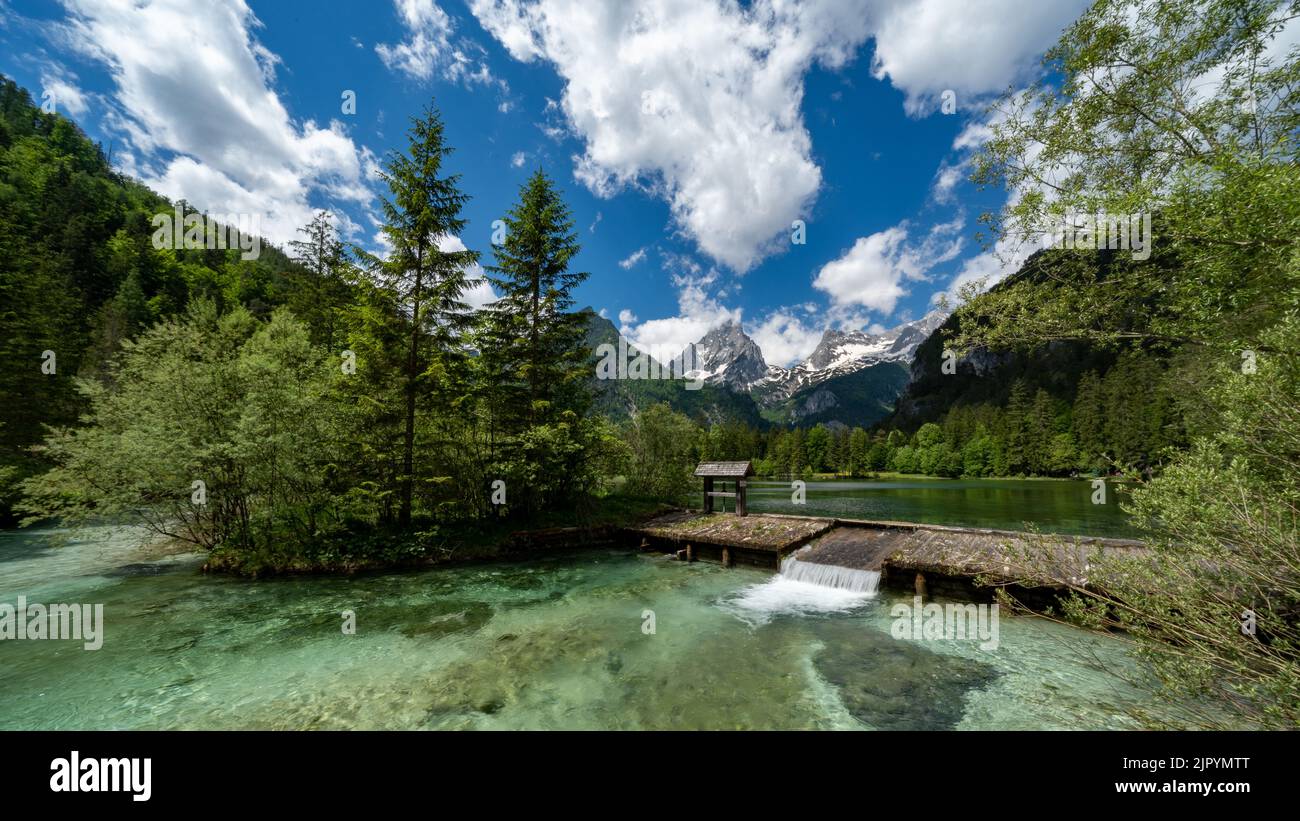 Charming scenery of the lake Schiederweiher with green woods in the background, Hinterstoder, Austria Stock Photo