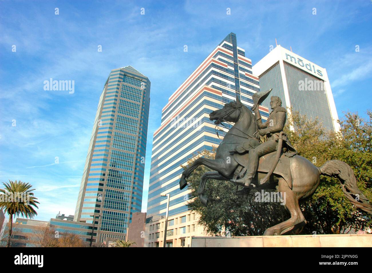 Downtown Jacksonville Florida FL General Andrew Jackson US President General War statue and waterfront Stock Photo