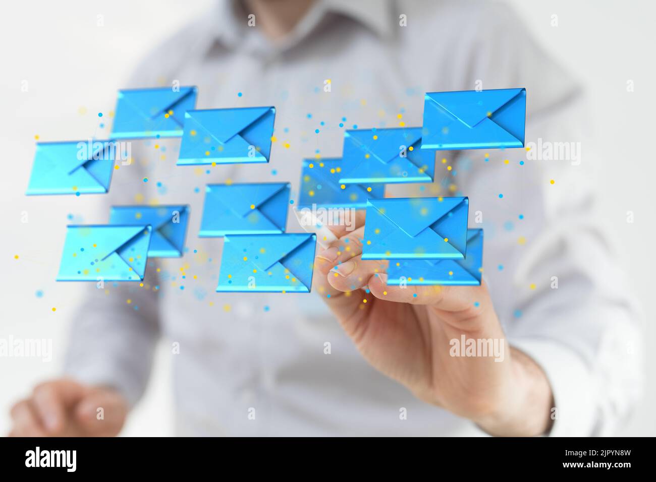 A 3D rendering of a man pointing at floating email icons - Concept of ...