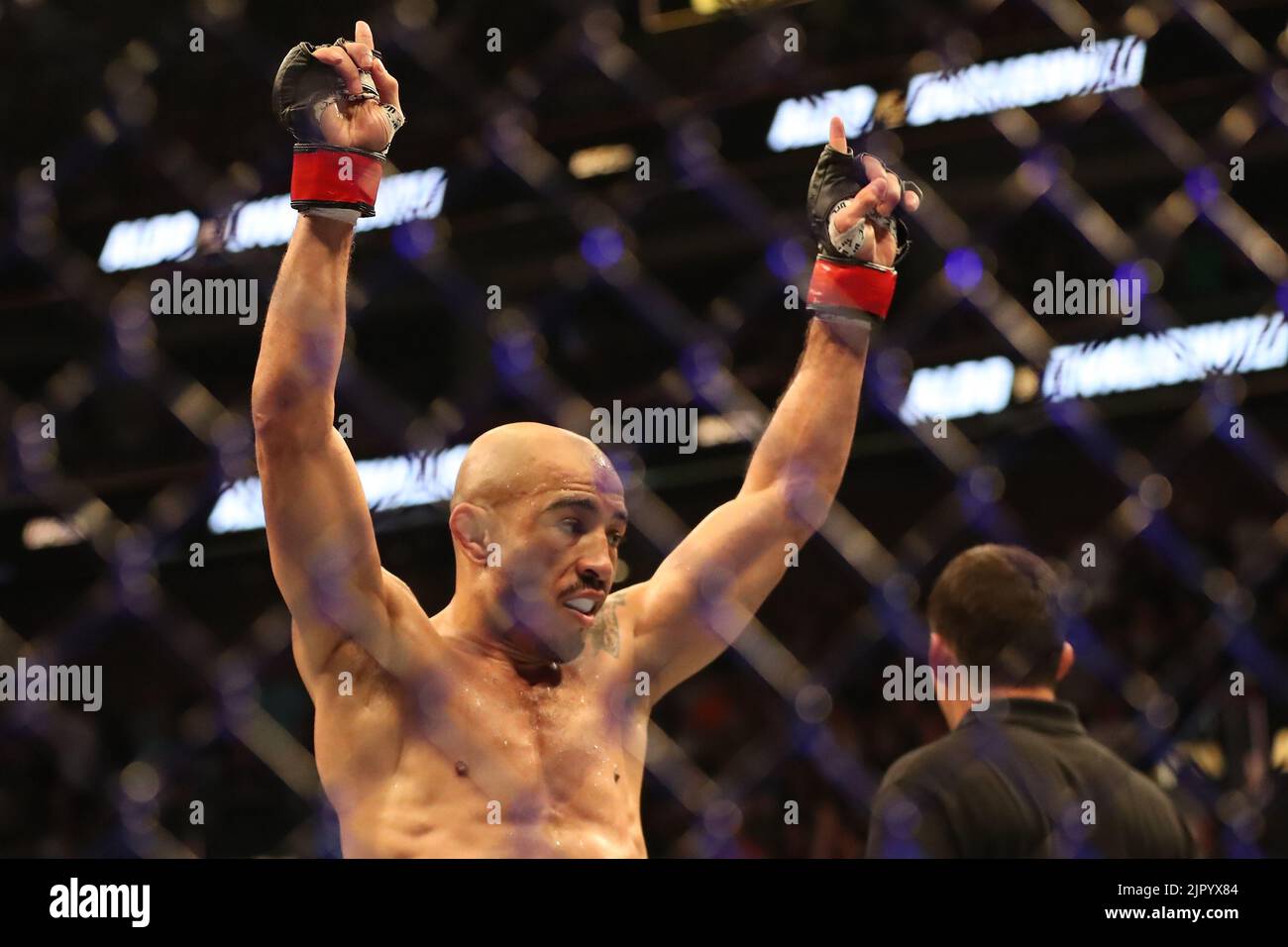 Salt Lake City, United States. 20th Aug, 2022. SALT LAKE CITY, UT - AUGUST 20: Jose Aldo raises both hands after his Bantamweight bout during the UFC 278 at the Vivint Arena on August 20, 2022 in Salt Lake City, Utah, United States. (Photo by Alejandro Salazar/PxImages) Credit: Px Images/Alamy Live News Stock Photo