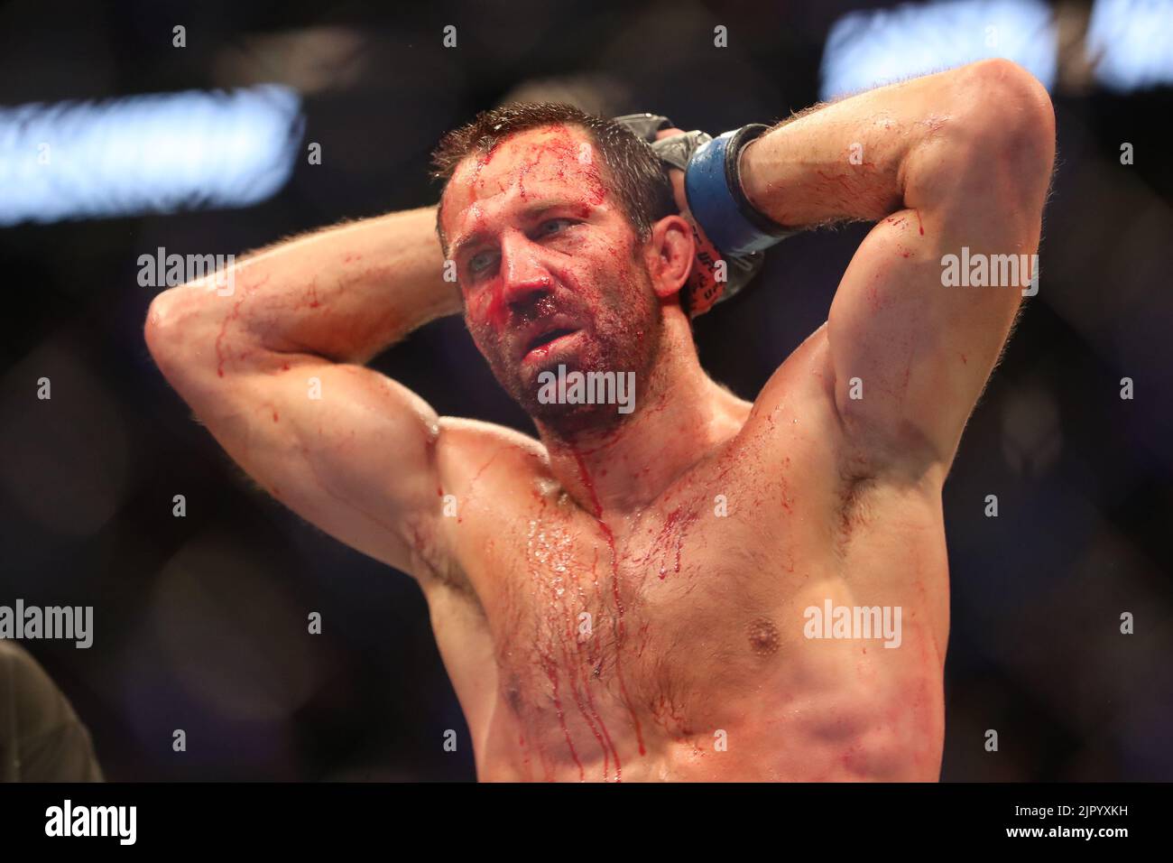 Salt Lake City, United States. 20th Aug, 2022. SALT LAKE CITY, UT - AUGUST 20: Luke Rockhold reacts after his fight against Paulo Costa during the UFC 278 at the Vivint Arena on August 20, 2022 in Salt Lake City, Utah, United States. (Photo by Alejandro Salazar/PxImages) Credit: Px Images/Alamy Live News Stock Photo
