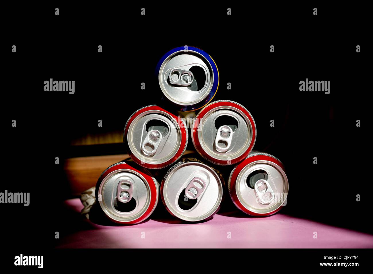 Group of cans for reuse and recycle. Empty cans top view Stock Photo