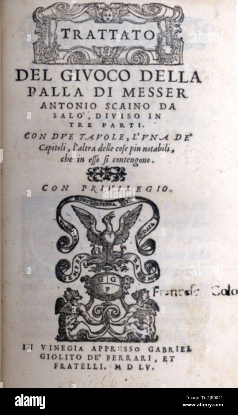 Title page of Scaino's Trattato del Giuoco della Palla Stock Photo Alamy