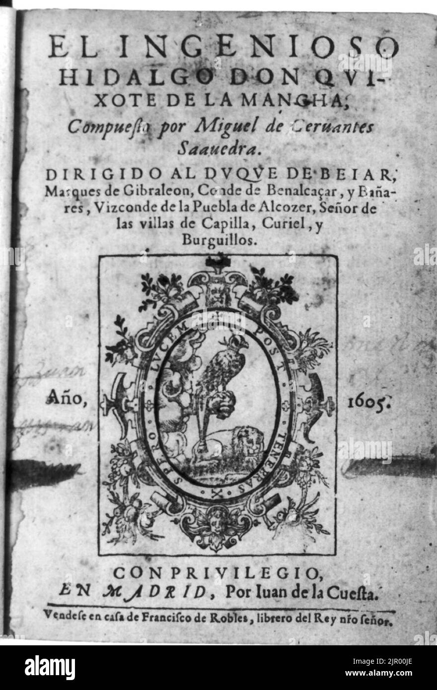 Title page, showing hawk on arm, in Miguel de Cervantes Saavedra, El ingenioso hidalgo don Qvuixote de la Mancha..., Madrid, I. de la Cuesta, 1605 Stock Photo