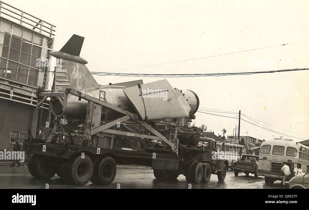 TM72 Mace missile is trucked through Okinawa streets in a rare open