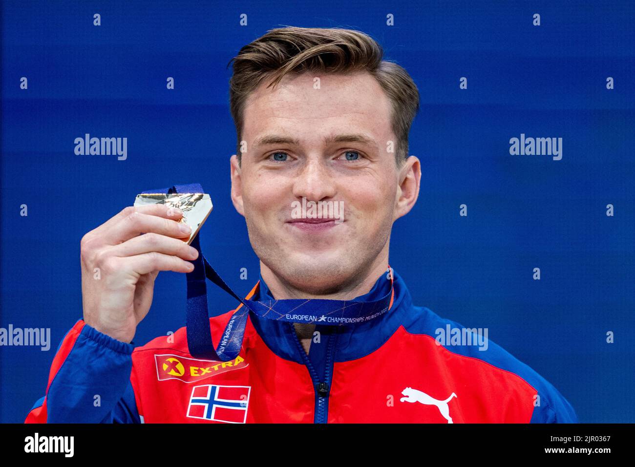 Munich, Germany 20220820.Karsten Warholm at the medal ceremony after he