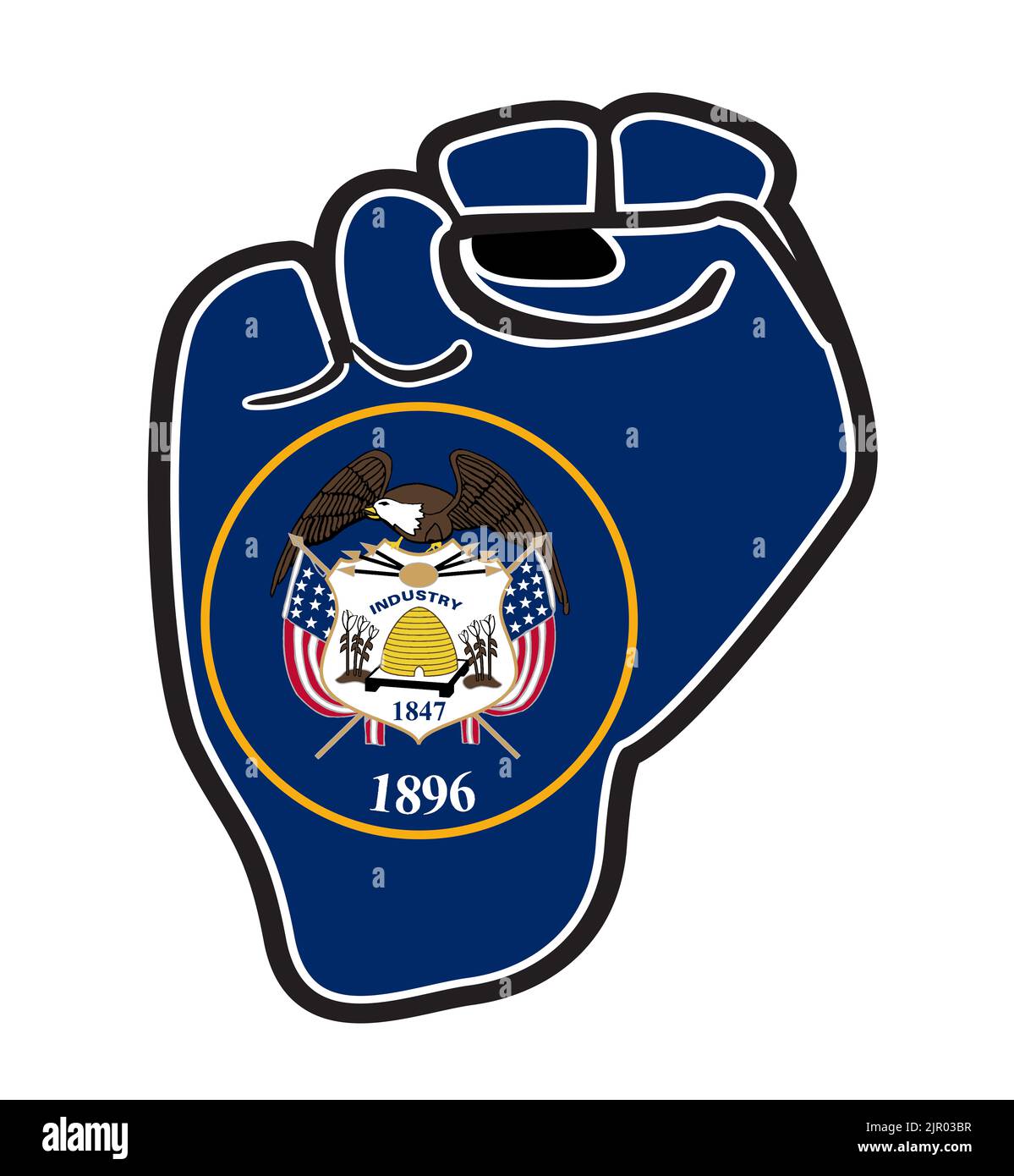 A black outline power fist over the Utah state flag icons isolated on a ...