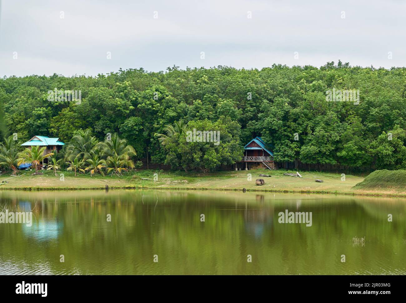 A dreamy landscape, a small house in tropical lush green woods, by a tranquil lake. Stock Photo