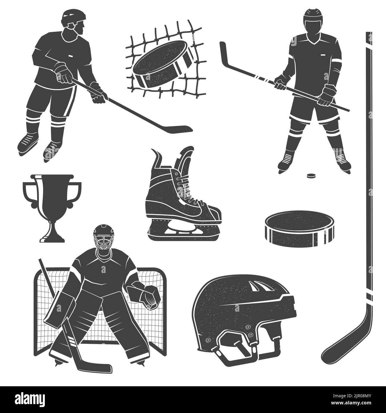 Set of ice hockey player and equipment icon. Vector illustration. Set