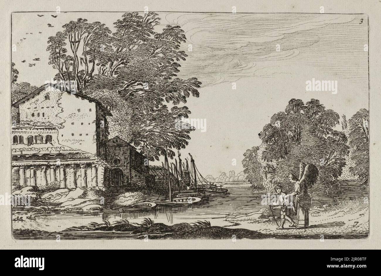 Tobias, met onder zijn arm de vis, en de engel onderweg op een pad in een landschap met een ruïne van een huis (Tobit 4-6). Stock Photo