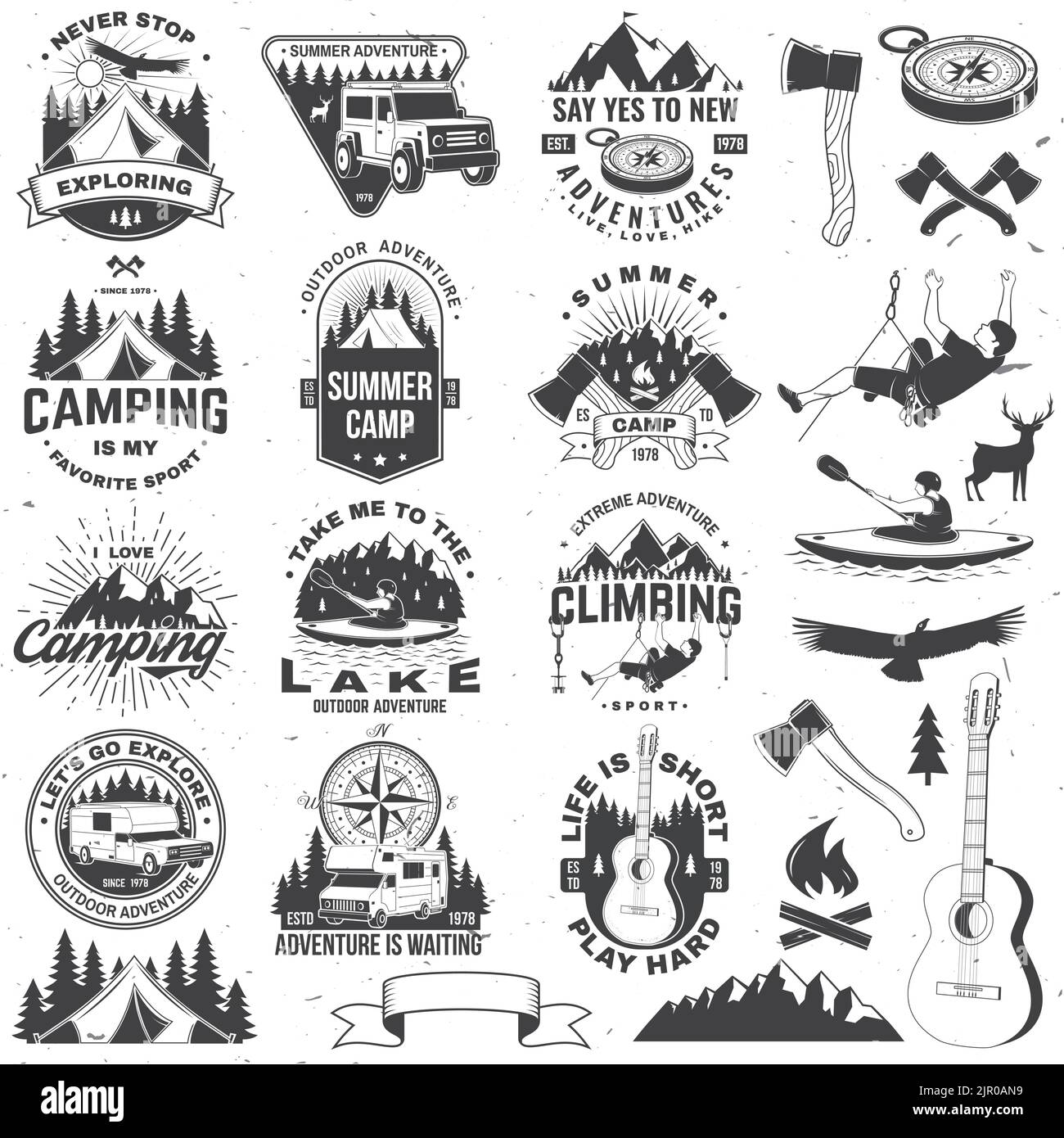 Set of camping badge and icon. Vector. Vintage typography design with man in canoe, guitar, climber, mountain, axe, lake, compass, camper rv , tent Stock Vector