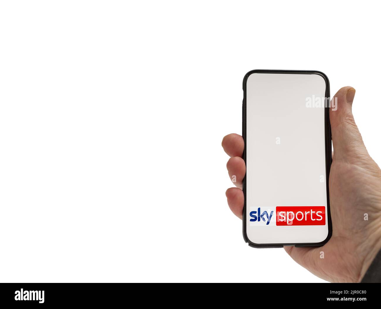 Cardiff Mid glamorgan Wales UK  August 20 2022 Person holding cellphone   with logo of SkySports digital services Stock Photo