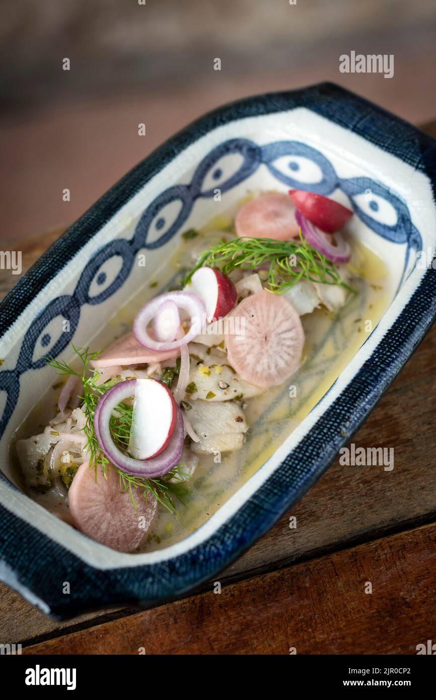 ceviche marinated raw fish salad with vegetables Stock Photo Alamy