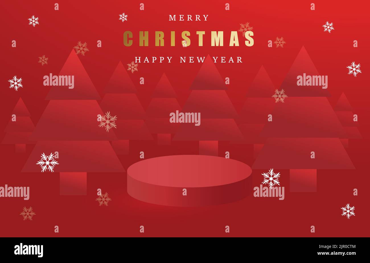 Merry Christmas banner with product podium in red background with paper ...