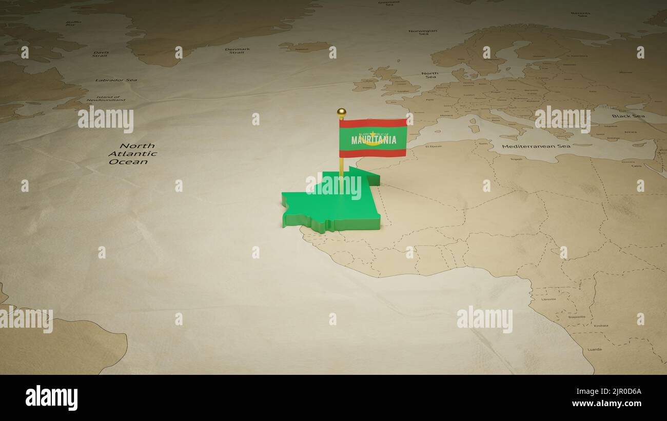 Travel post with 3d model of the map of Mauritania. Tourist visa and