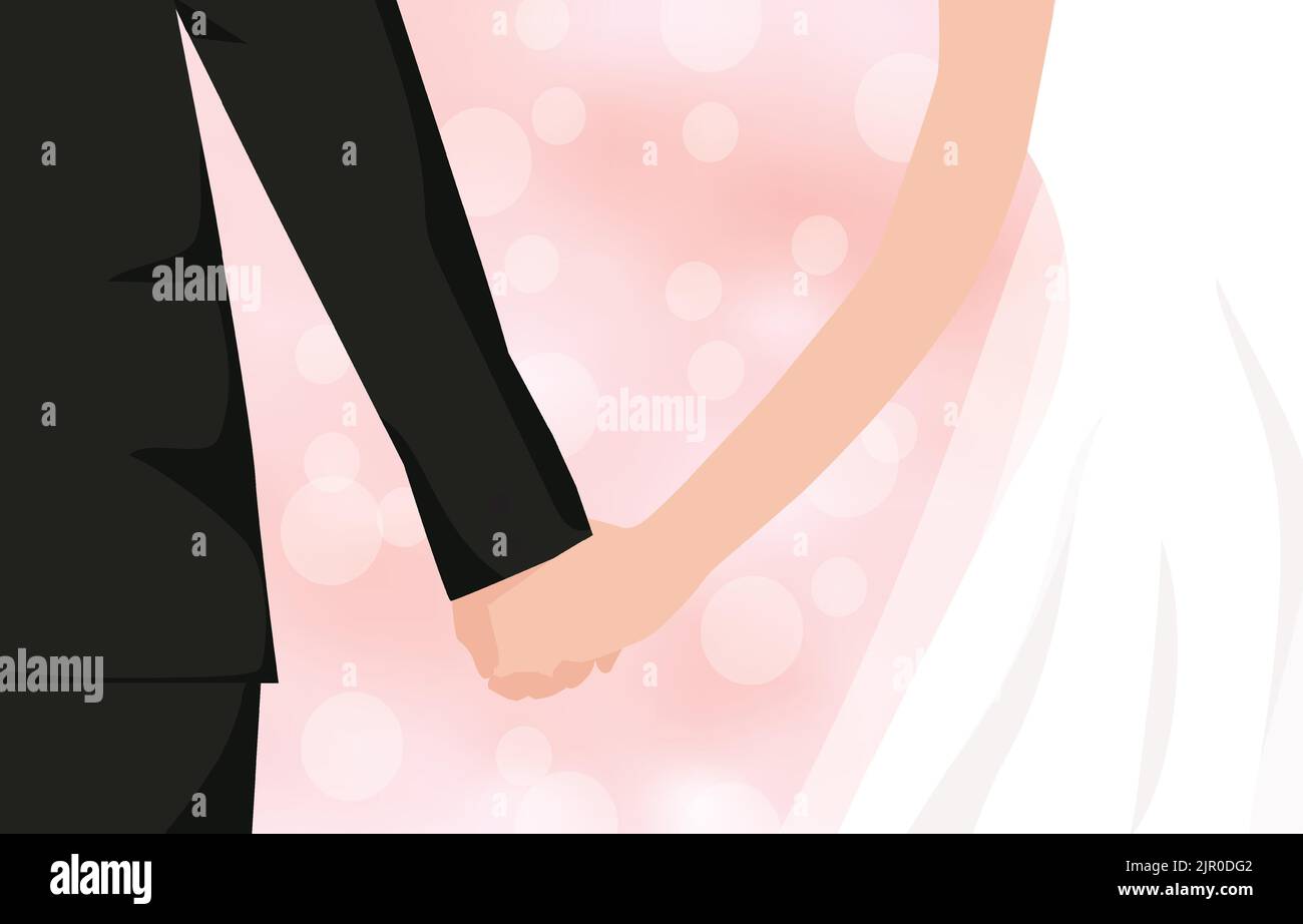 Closeup of a bride and groom holding hands isolated over a pink bokeh background. Loving couple on wedding day theme. Vector Illustration Stock Vector