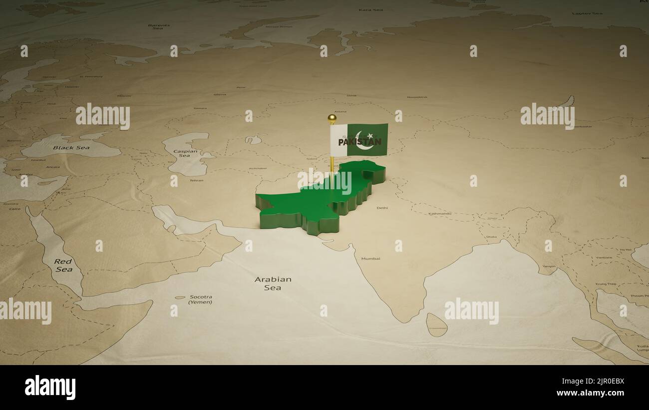 3d rendering independence day of Pakistan national flag flying on country map on world Stock Photo