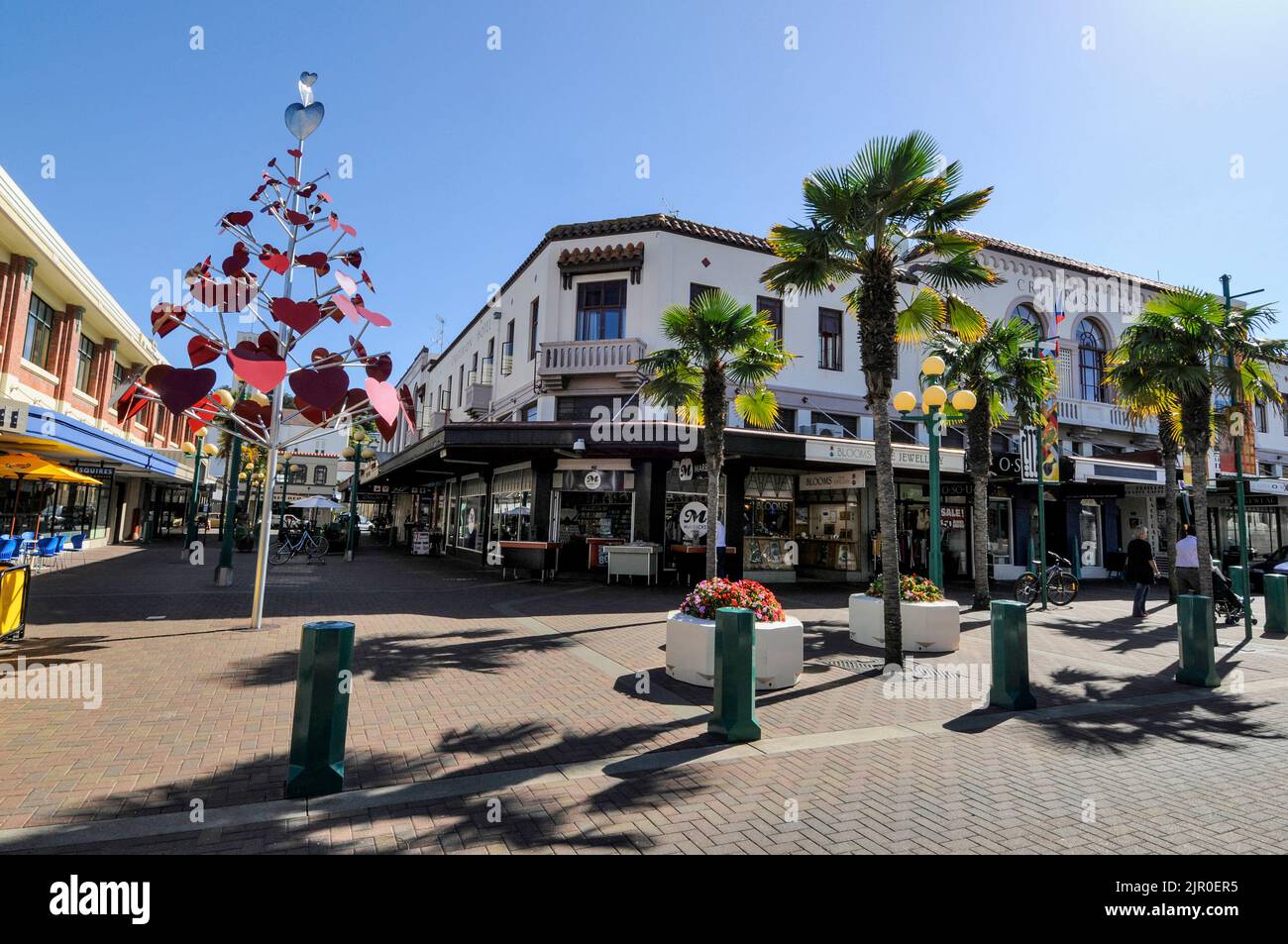 One of Napier's attractive shopping streets, is Emerson Street in Napier, a coastal city on Hawkes Bay on North Island in New Zealand.   Rebuilt after a Stock Photo