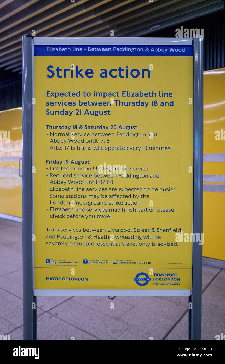 Strike Action customer information sign at London tube station during Industrial Action, Summer 2022. Stock Photo