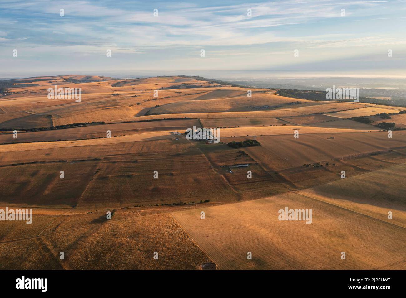 Stunning aerial drone landscape image of golden hour over farmers