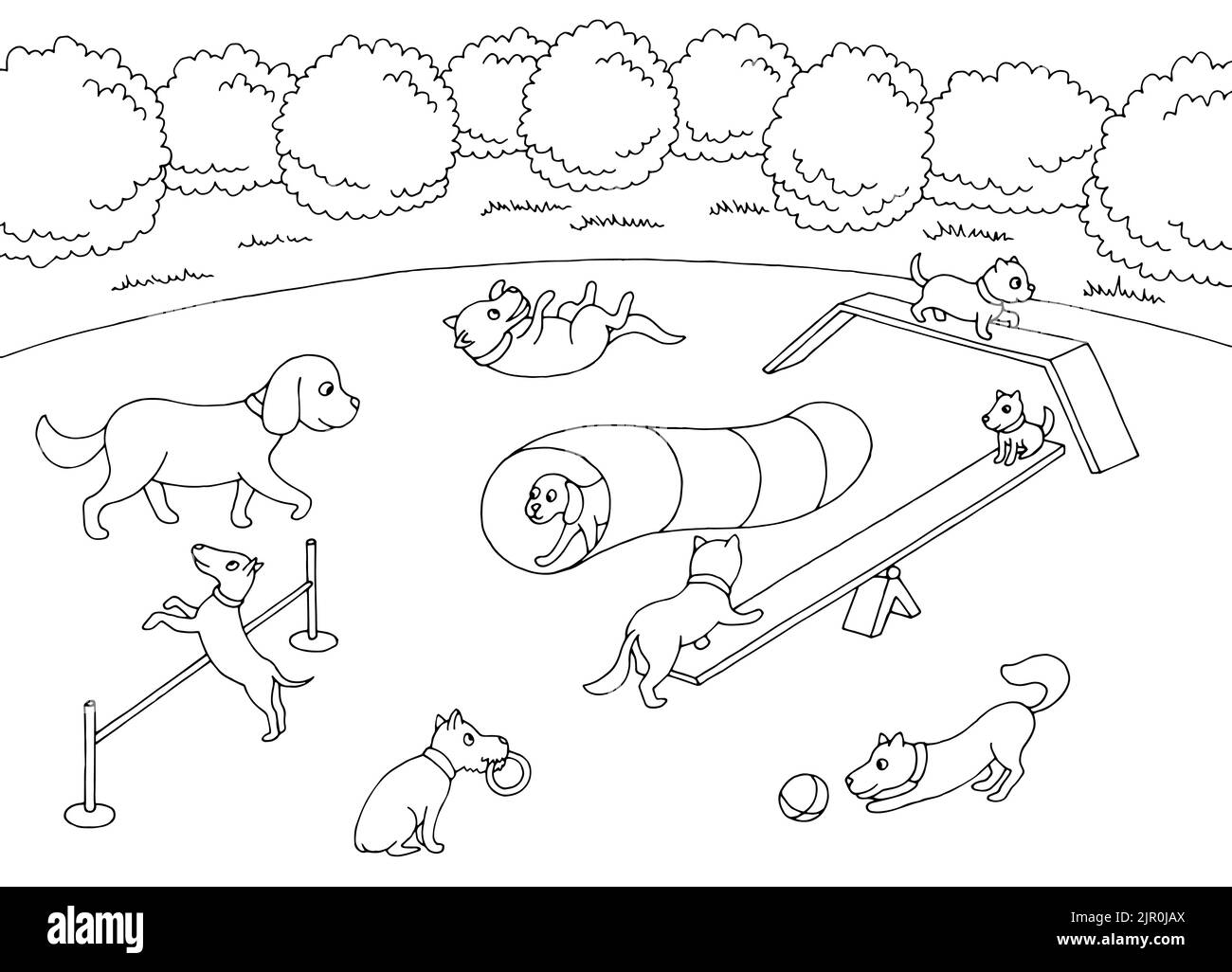 Dog play on playground graphic black white sketch landscape illustration vector Stock Vector