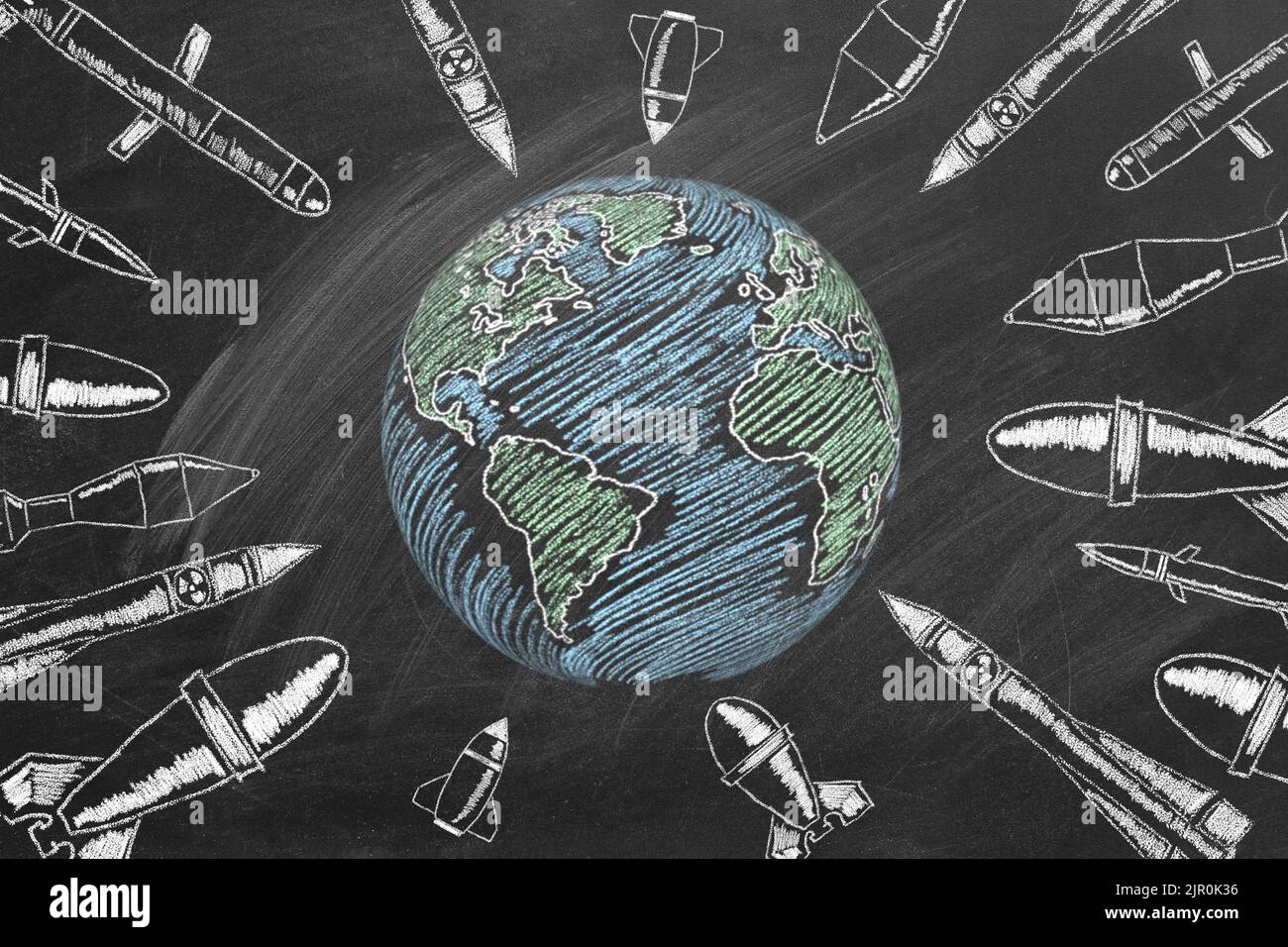 WW3. World War 3 concept. A chalk drawn globe, bombs and cruise missiles  Stock Photo - Alamy