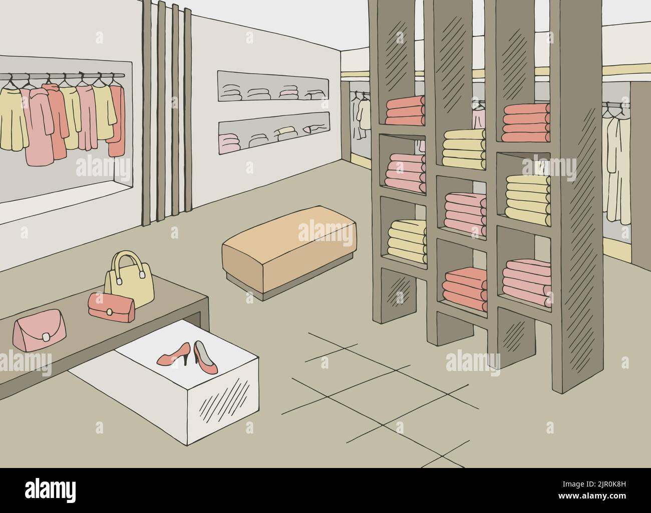 Shop store interior graphic color sketch illustration vector Stock Vector