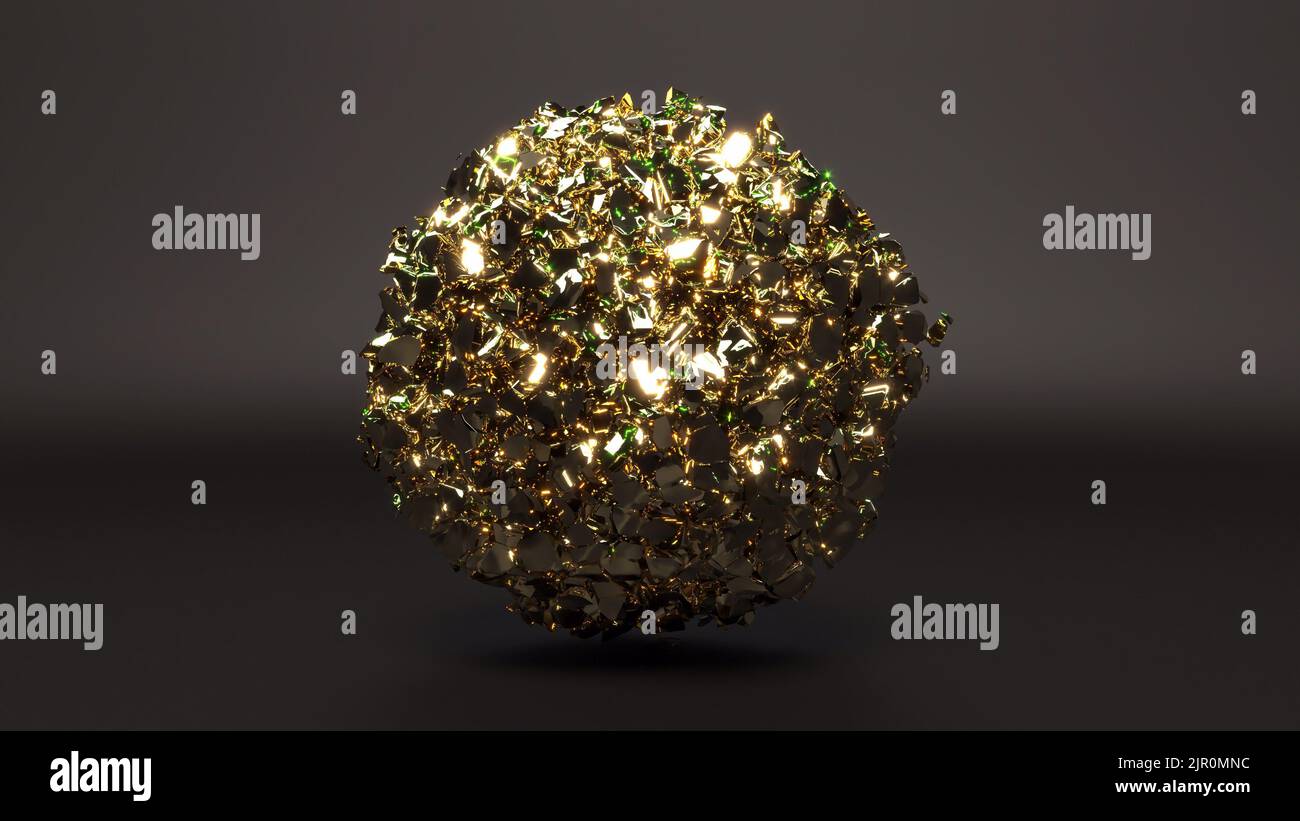 Golden sphere explosion Creative abstract background Gold particles 3d