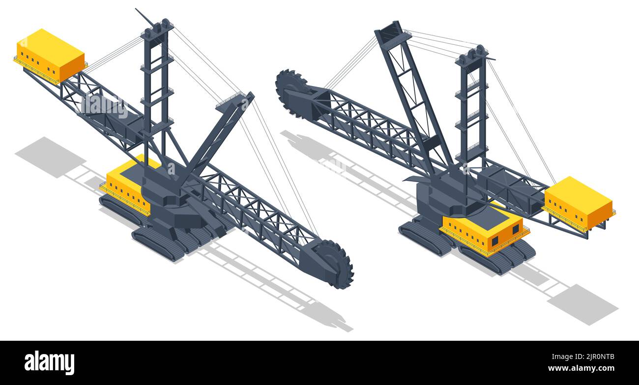 Isometric Bucket-wheel excavator. BWE, continuous digging machine in large-scale open-pit mining operations, removing thousands of tons of overburden Stock Vector