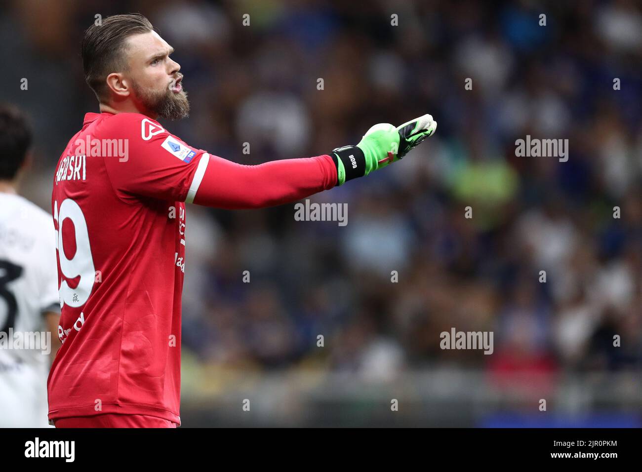 Milano, Italy. 20th Aug, 2022. Bartlomiej Dragowski of Spezia Calcio gestures during the Serie A match beetween Fc Internazionale and Spezia Calcio at Stadio Giuseppe Meazza on August 20, 2022 in Milano Italy . Credit: Marco Canoniero/Alamy Live News Stock Photo