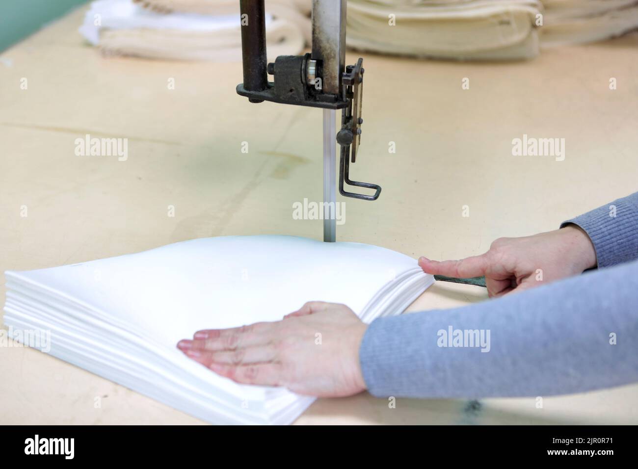 Shop for tailoring. A woman creates clothes on a sewing machine. Fashion industry for people. Stylish fashionista woman creating new cloth design coll Stock Photo