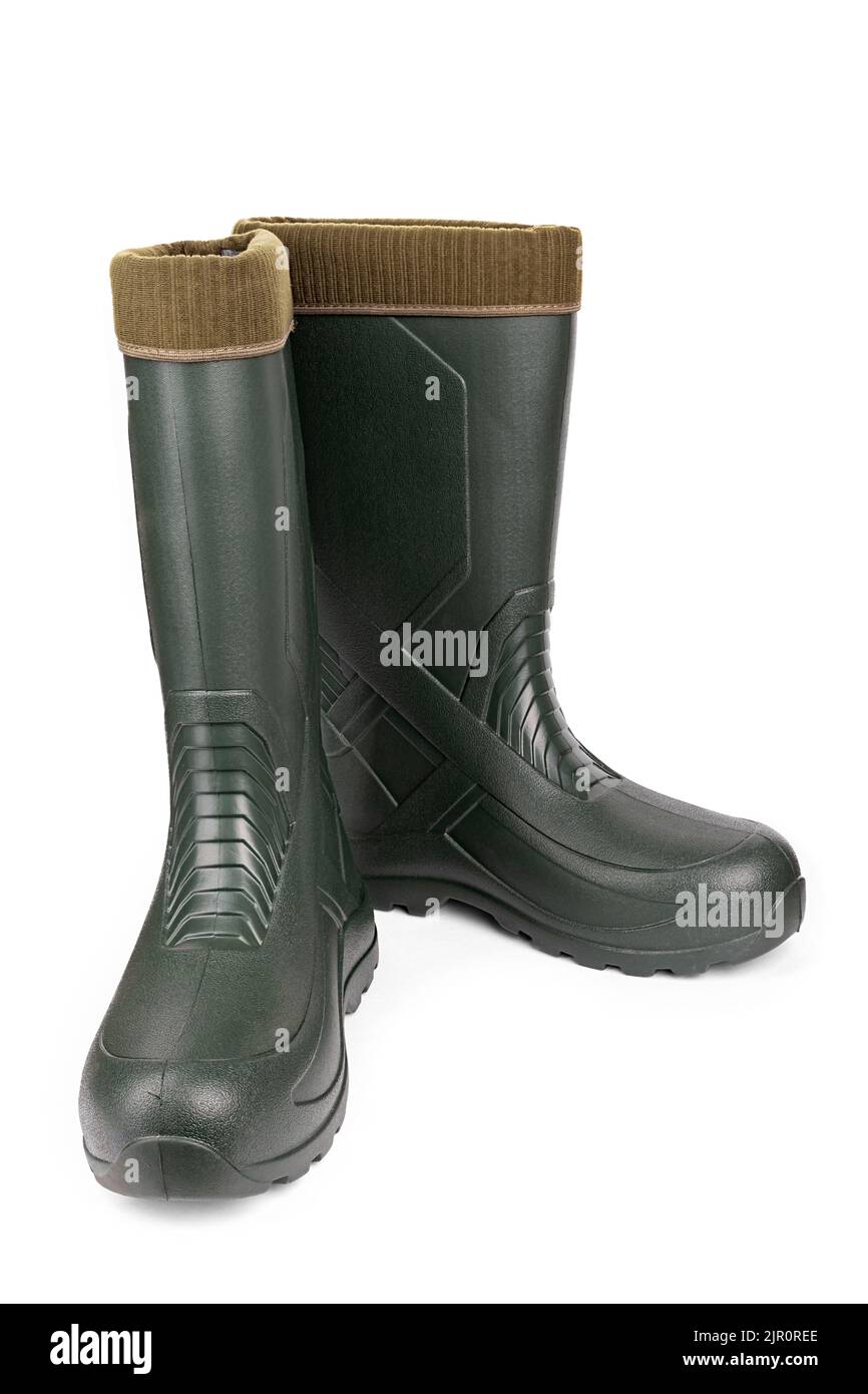 Green rubber boots with a warm toe on a white background. Men's shoes