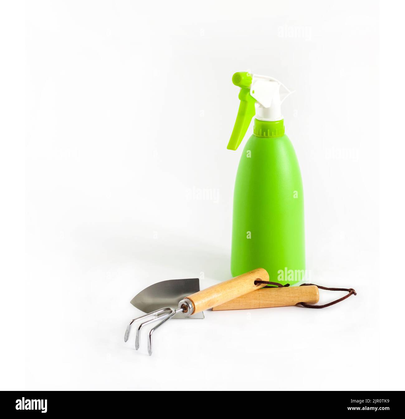 Green spray bottle and garden tools on white background. Plant care concept Stock Photo