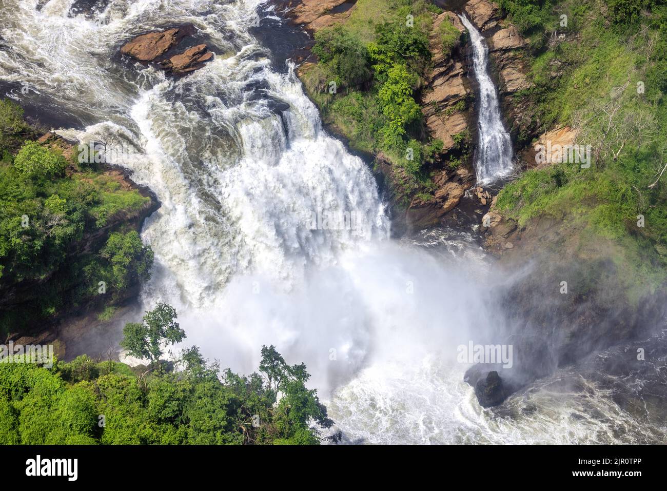 Aerial view of Murchison Falls, a waterfall between Lake Kyoga and Lake Albert on the Victoria Nile in Uganda.  Also known Kabalega or Kabarega Stock Photo