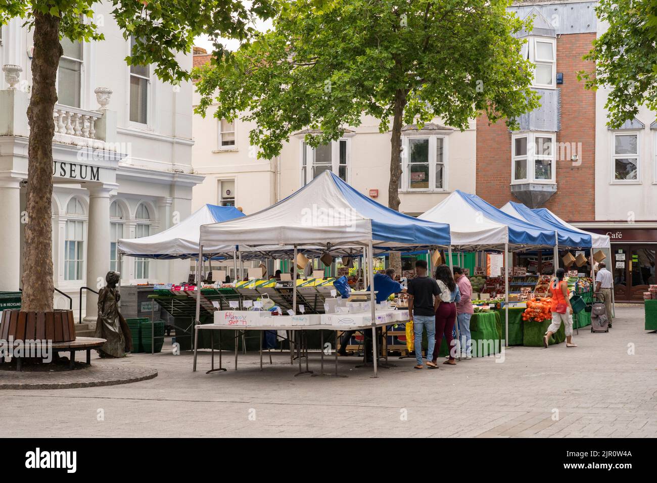 Market stalls. Basingstoke Market is mentioned in the Domesday Book of 1086 and has been held on a Wednesday in Market Square since 1214. England Stock Photo