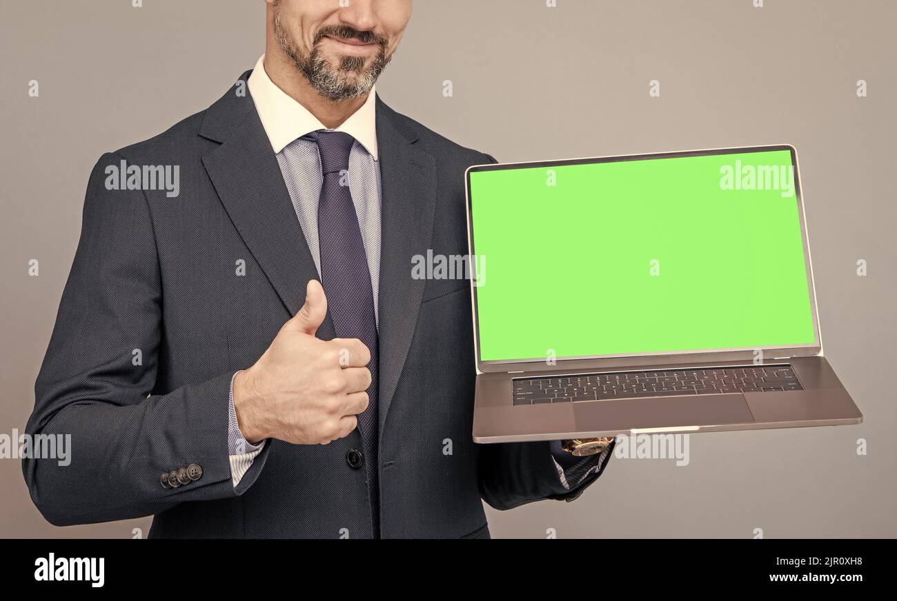 cropped man showing green screen. modern wireless laptop. thumb up. webinar pc advertisement. Stock Photo