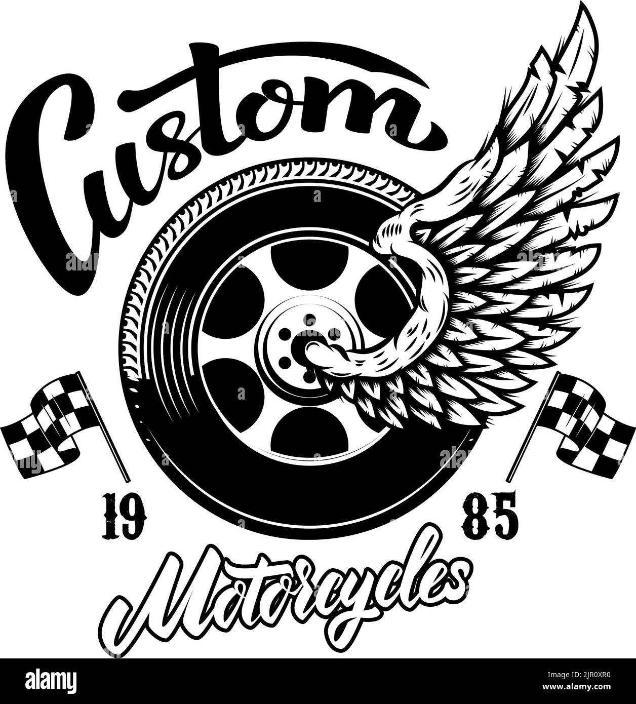 Custom motorcycles.Tshirt print template with winged wheel. Vector