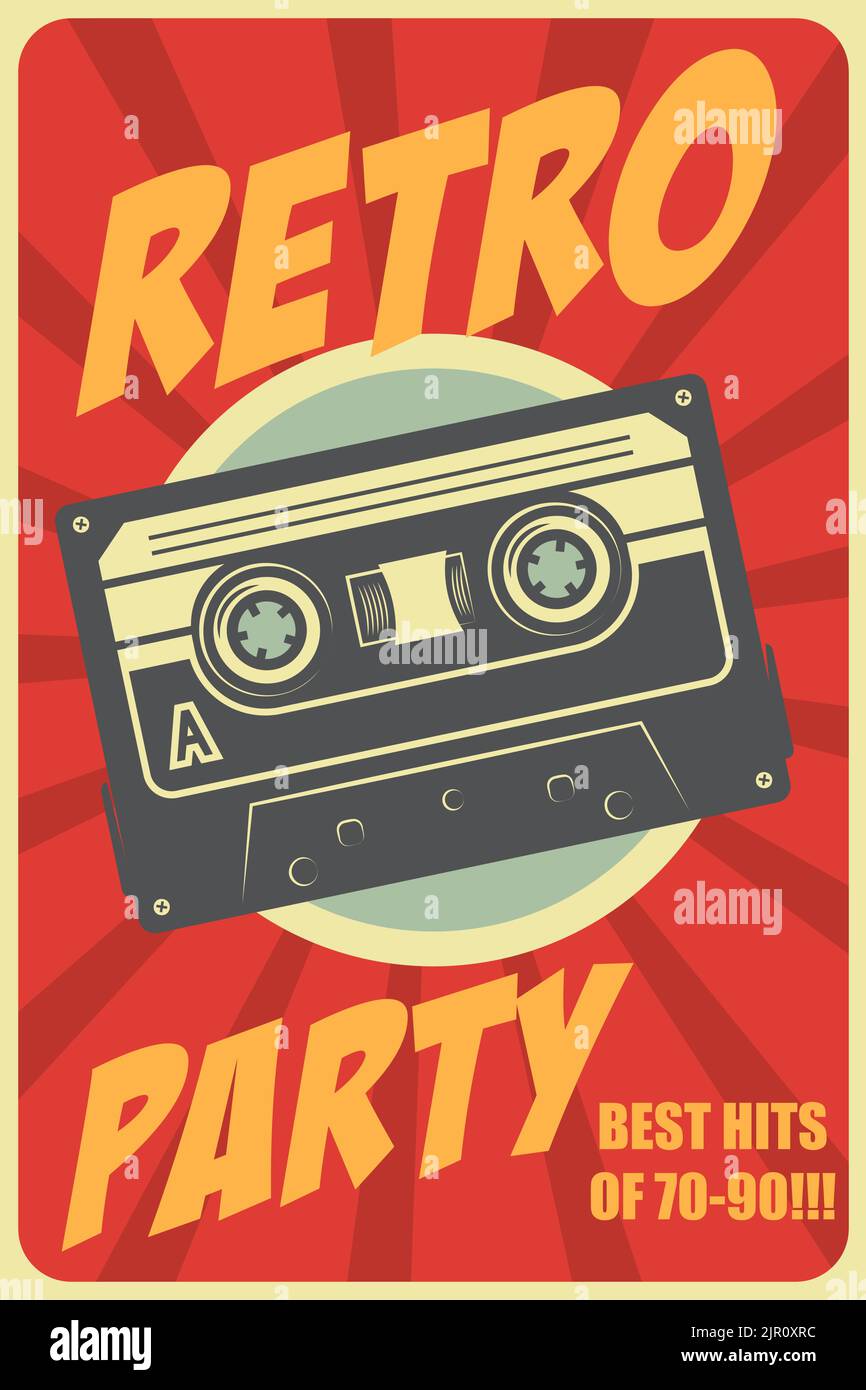Retro party. Poster template with retro style audio cassette. Design