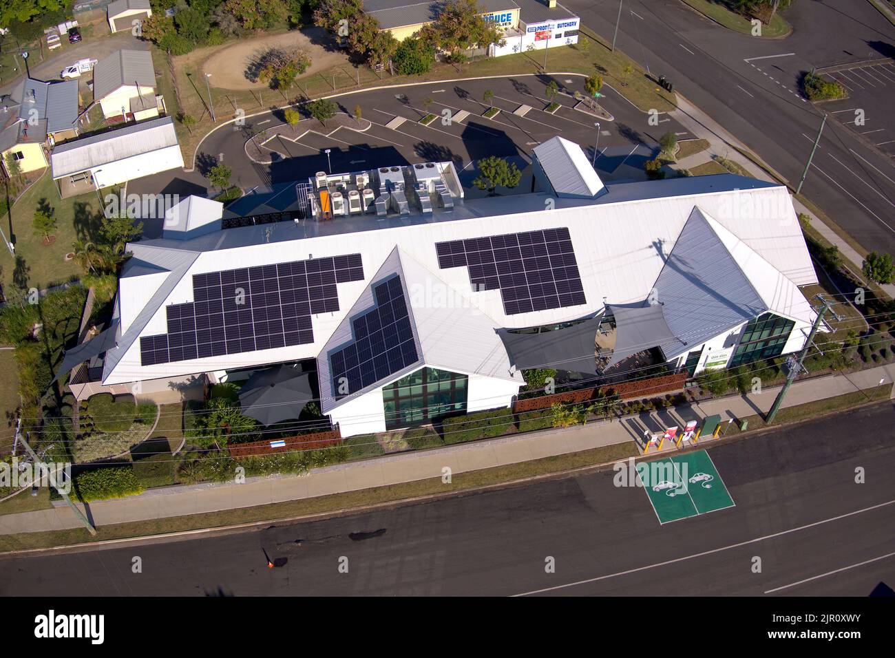 Aerial of the Gin Gin Neighbourhood Centre and electric car charge point part of the electric