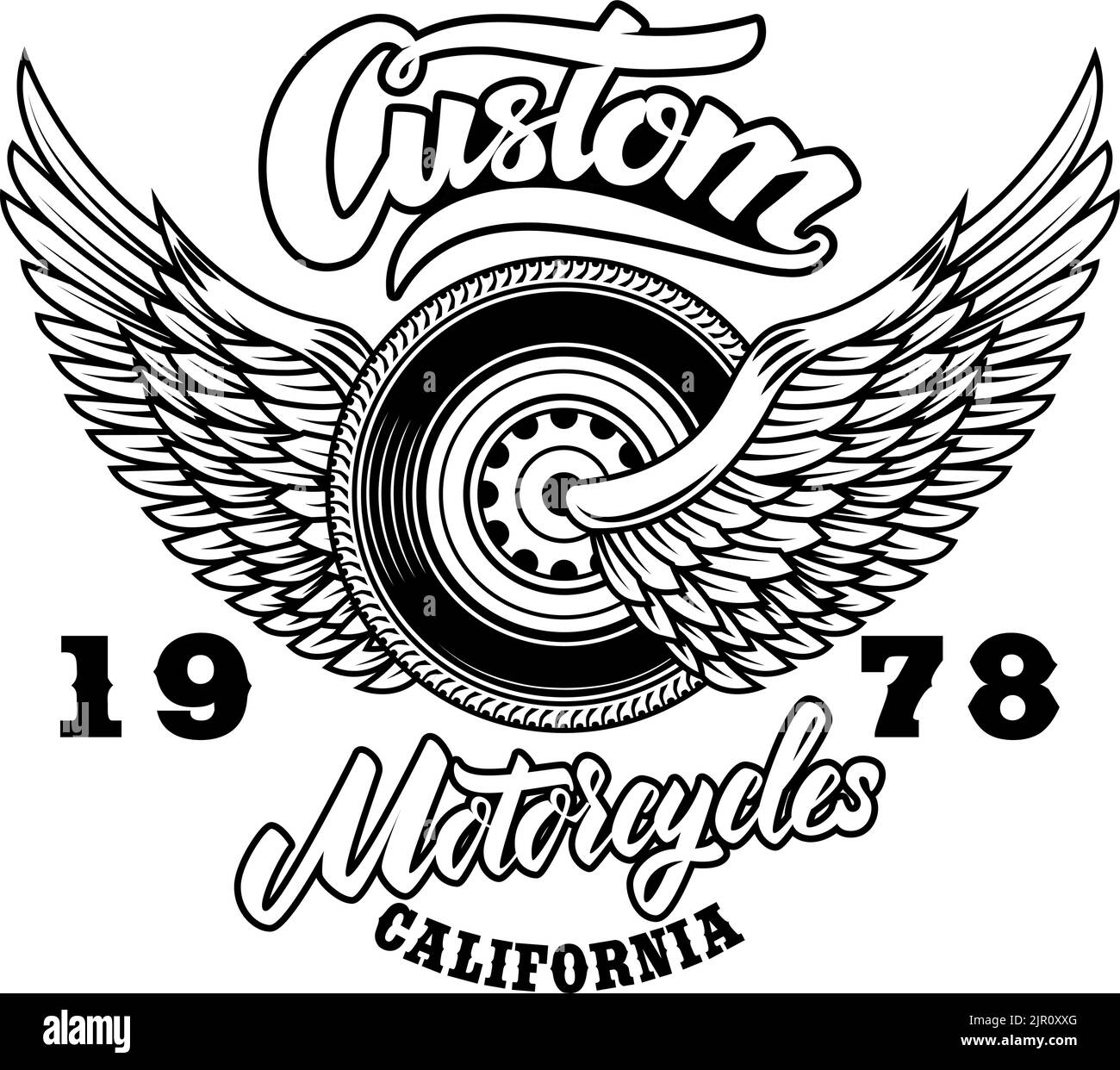 Custom motorcycles.Tshirt print template with winged wheel. Vector