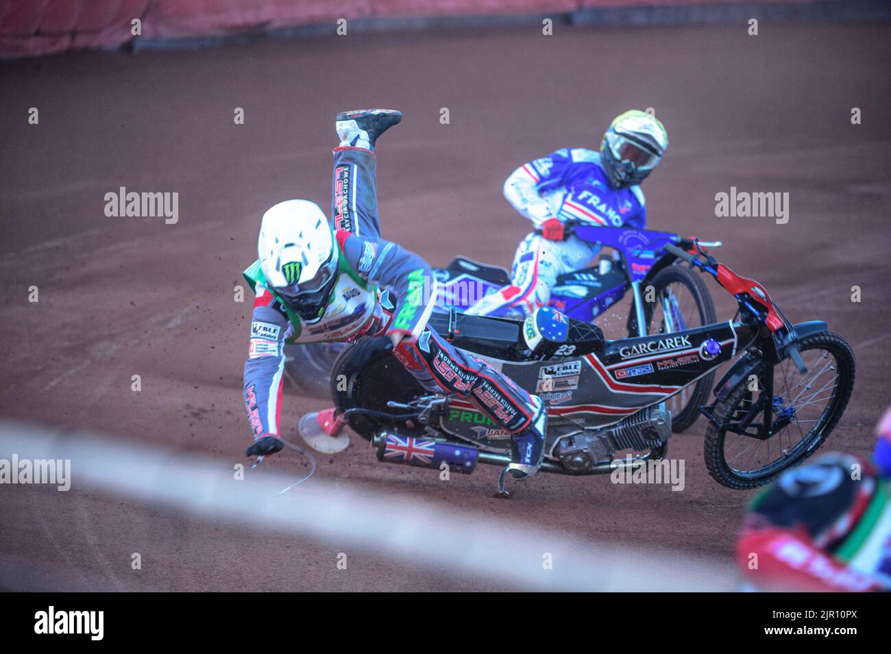 Glasgow, Scotland, UK. 20th August, 2022. Chris Holder (Australia) (White) starts to spin in front of Max Fricke (Australia) (Red) as David Bellego (France) (Yellow) is given no place to go during the FIM Speedway Grand Prix Challenge at the Peugeot Ashfield Stadium, Glasgow on Saturday 20th August 2022. (Credit: Ian Charles | MI News) Credit: MI News & Sport /Alamy Live News Stock Photo