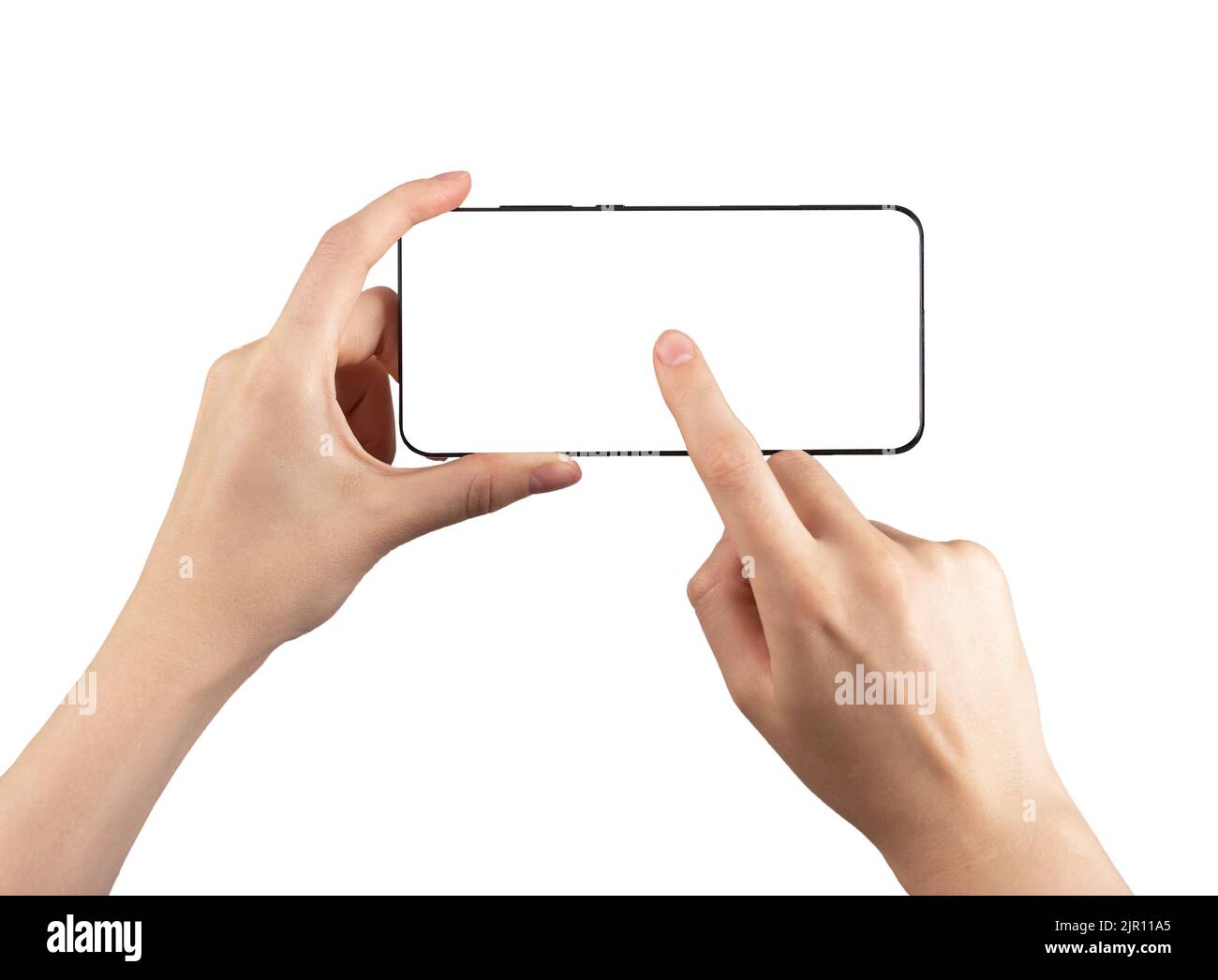 Forefinger clicking play to start video at phone mockup isolated on white background. Woman holding smartphone in horizontal position for watching video. Telephone template. High quality photo Stock Photo