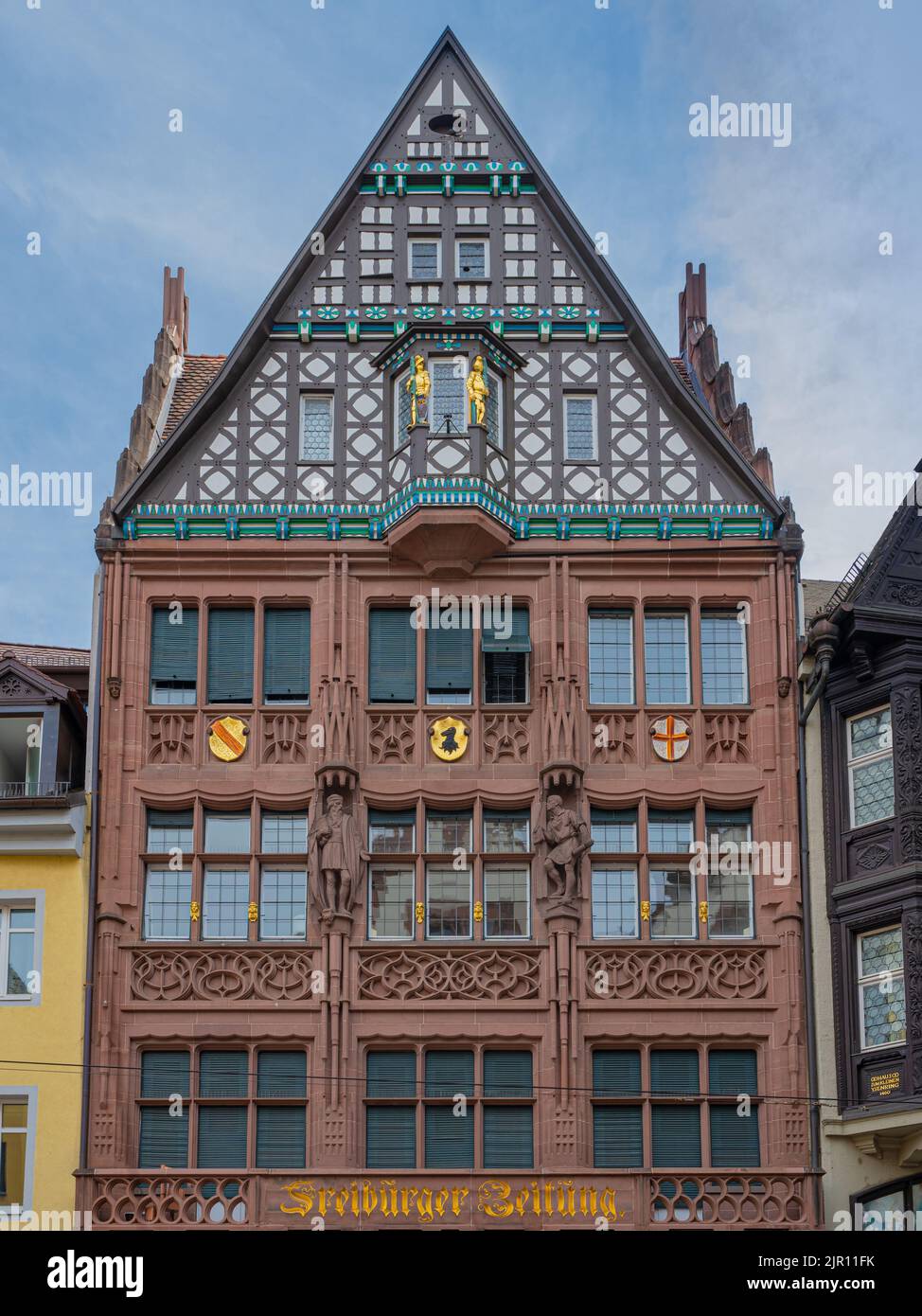 Exterior of an old half-timbered Gibels a town house in Freiburg im Breisgau. Baden Wuerttemberg, Germany, Europe Stock Photo