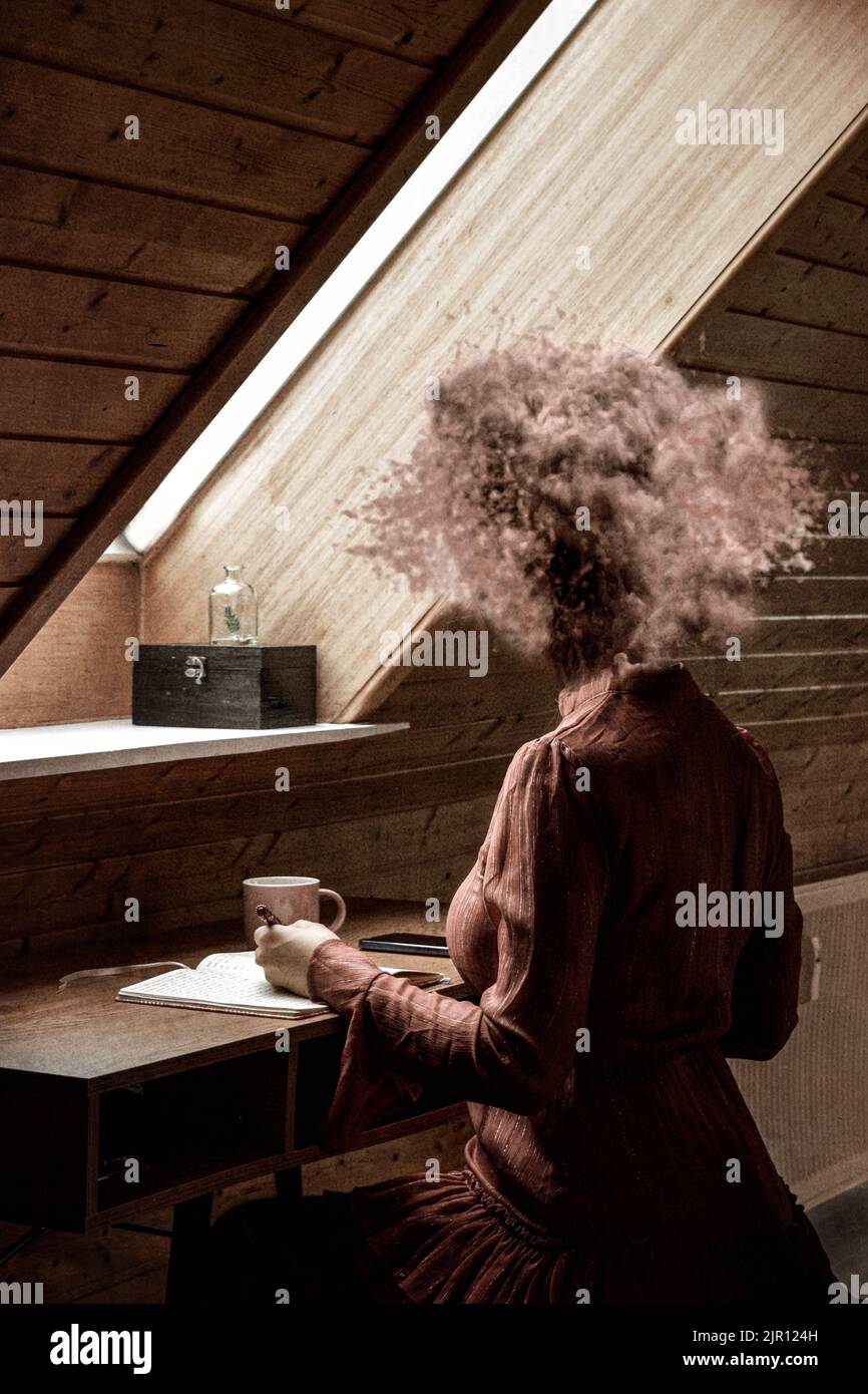 conceptual imagery. Woman sitting next to a window writing and withput ...