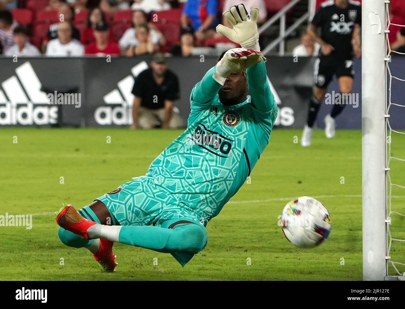 WASHINGTON, DC, USA - 20 AUGUST 2022: Philadelphia Union goalkeeper Andre Blake (18) makes a save during a MLS match between D.C United and the Philadelphia Union on August 20, 2022, at Audi Field, in Washington, DC. (Photo by Tony Quinn-Alamy Live News) Stock Photo
