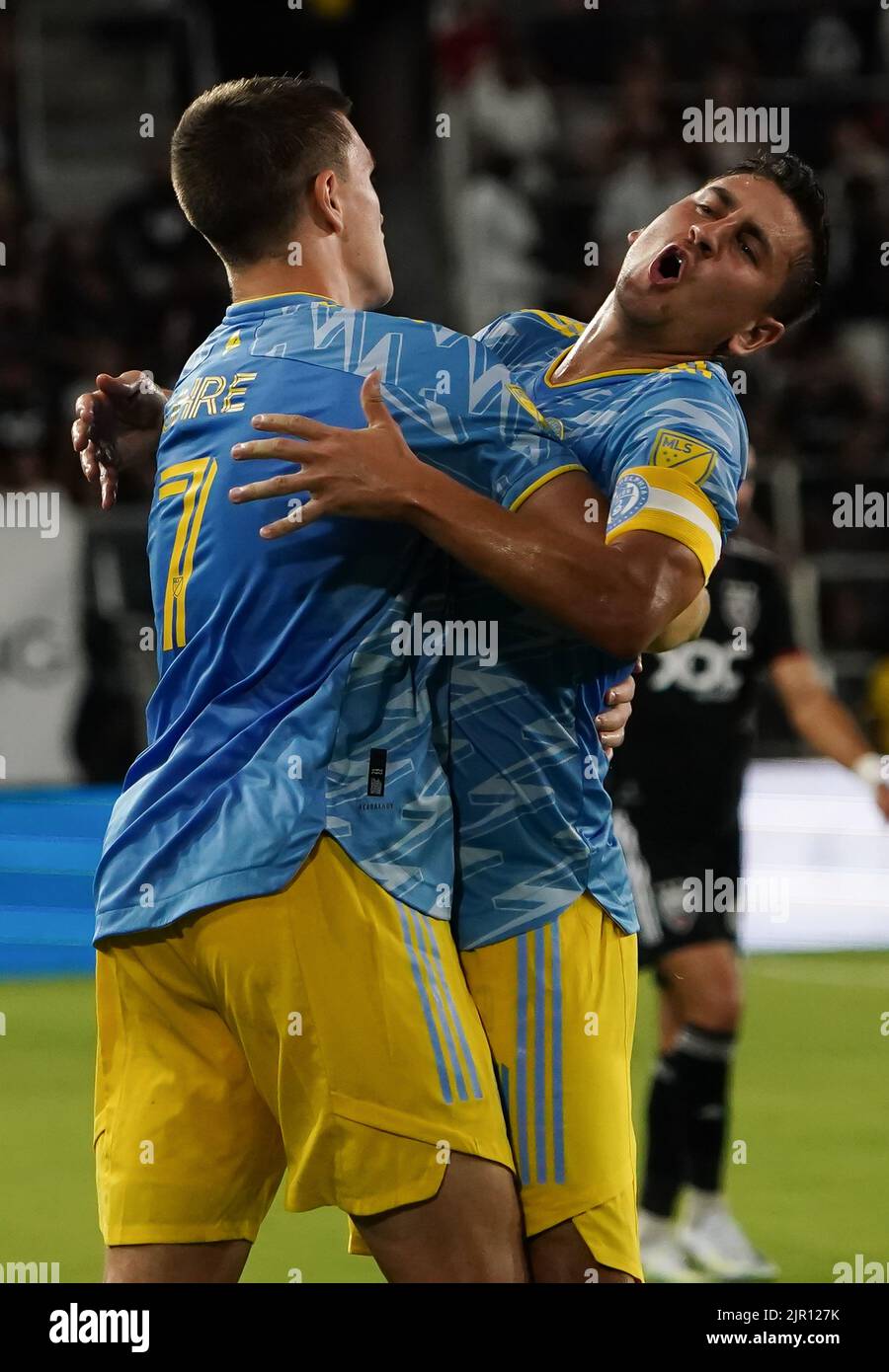 WASHINGTON, DC, USA - 20 AUGUST 2022: Philadelphia Union forward Mikael Uhre (7) after scoring the first goal during a MLS match between D.C United and the Philadelphia Union on August 20, 2022, at Audi Field, in Washington, DC. (Photo by Tony Quinn-Alamy Live News) Stock Photo