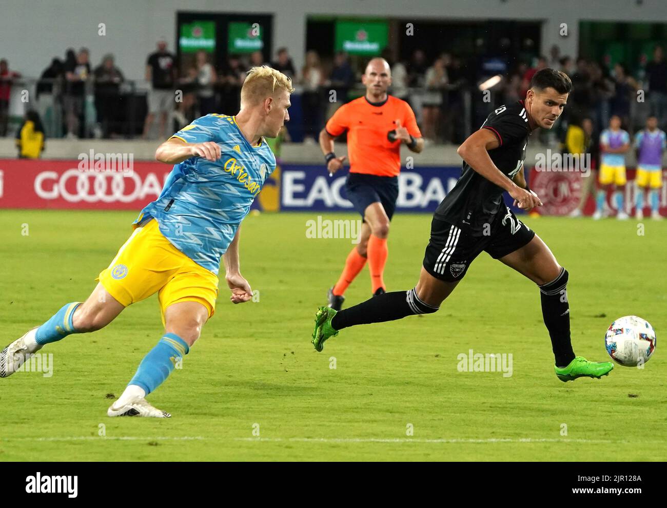 WASHINGTON, DC, USA - 20 AUGUST 2022: D.C. United forwardMi Miguel Barry (22) on the attack during a MLS match between D.C United and the Philadelphia Union on August 20, 2022, at Audi Field, in Washington, DC. (Photo by Tony Quinn-Alamy Live News) Stock Photo