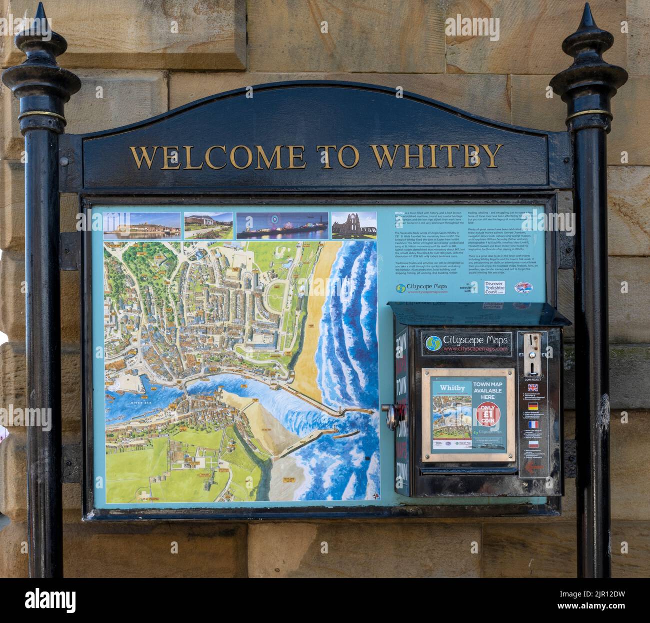 Welcome to Whitby tourist information board, Whitby, North Yorkshire, Yorkshire, England, UK Stock Photo