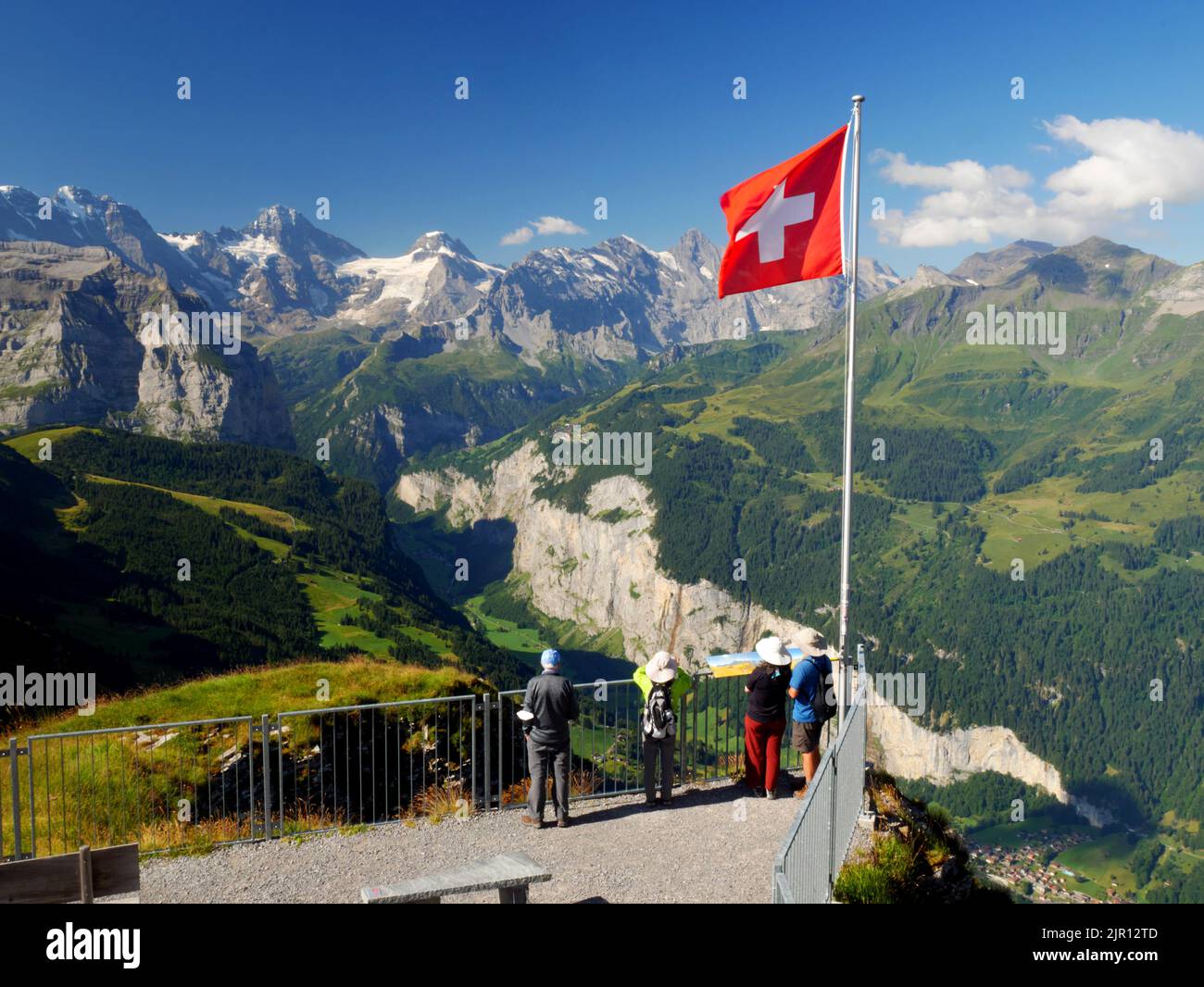 The Lauterbrunnen valley and the Jungfrau range, seen from the cable car station at Mannlichen, Wengen, Bernese Oberland, Switzerland. Stock Photo